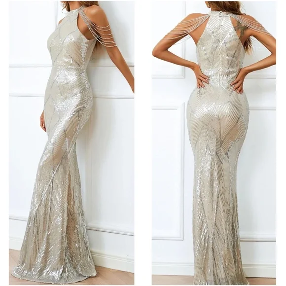 Luxe Sequin Champagne Halter Evening Party Wedding Bodycon Gown Dress - Picture 6 of 9